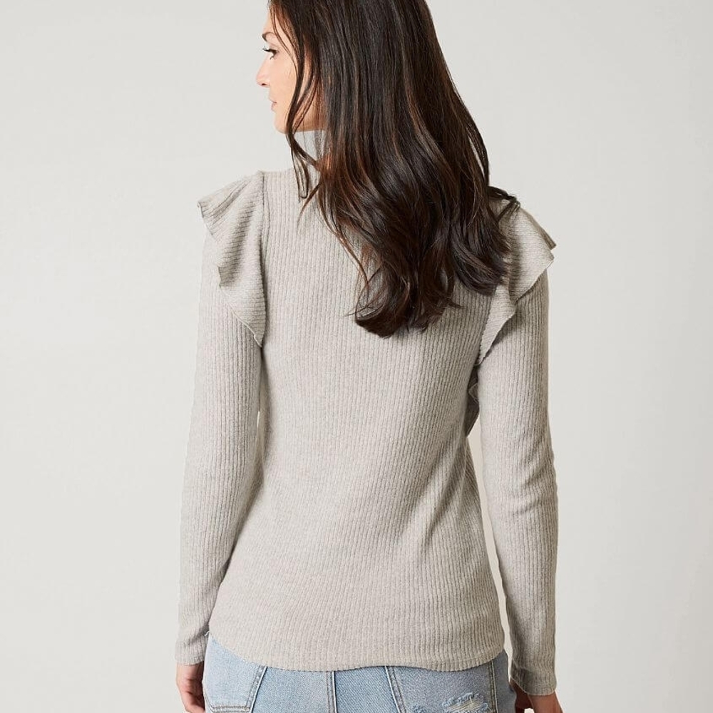 Gray Ruffle Sleeve Ribbed Top - Picture 2 of 5